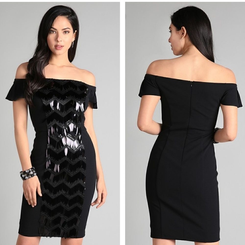 Decadent Sequin Bardot Style Midi Cocktail Dress